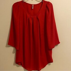 Women’s Goo Yoo Sheer Boho 3/4 Sleeve Pleated Neckline Red Size S Made In USA